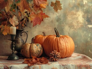 Wall Mural - Pumpkins on the table with autumnal background and festive decor