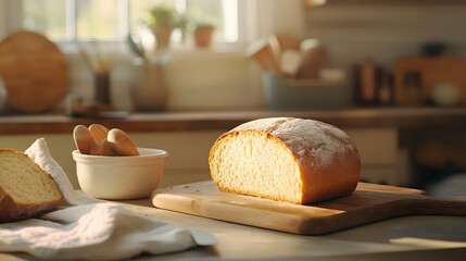 Freshly baked organic bread loaf with a crisp golden crust and soft fluffy interior straight from the farm to table rustic kitchen  A delicious and nourishing homestyle culinary delight