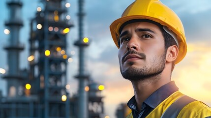 Portrait of a senior engineer in protective gear standing in front of an industrial plant at dusk  The banner design highlights the industry and safety aspects of the scene