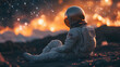 © Erika - niño sentado en el espacio imaginando con motivacion y aspiraciones en el espacio interestelar diversion e imaginacion