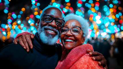 Happy elderly couple smiling together amidst colorful lights.