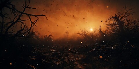 Poster - A dark, desolate landscape with a sun in the background