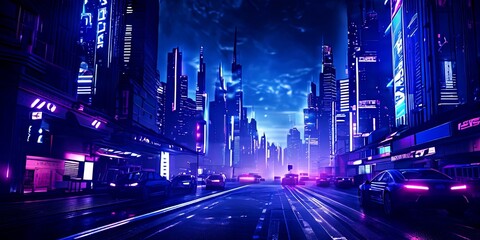 Poster - A cityscape with neon lights and cars driving down a street