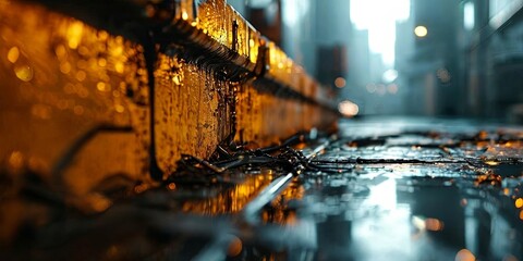 Poster - A blurry image of a city street with a reflection of a building in the water