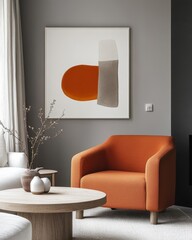 Wall Mural - Modern living room interior with orange armchair, wooden coffee table, and abstract painting on wall.