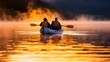 © tuiphotoengineer - Two canoeists paddling in perfect synchrony through a tranquil lake at sunrise with mist gently rising from the calm water creating a serene and atmospheric nature setting