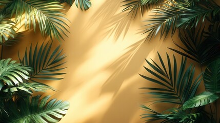 Poster - beige background adorned with soft shadows cast by palm leaves creating a serene and tropical atmosphere ideal for relaxation and calm