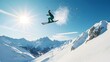 © tuiphotoengineer - Skier performing a dynamic high flying freestyle jump over a snowy mountain landscape with a bright clear sky in the background  The skier is mid air with snow flying around in a dramatic motion