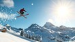 © tuiphotoengineer - Skier performing a dynamic freestyle jump with snow flying around them against the backdrop of a sunlit mountain landscape and clear blue sky  Outdoor winter sports and recreation concept