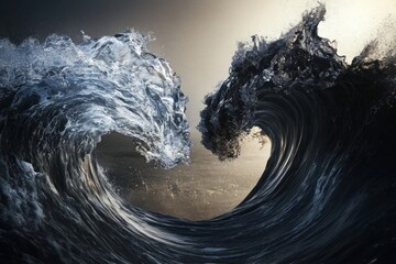 Two opposing waves meeting in mid-air, one crystal clear and the other dark and tumultuous, frozen in a moment of perfect collision.