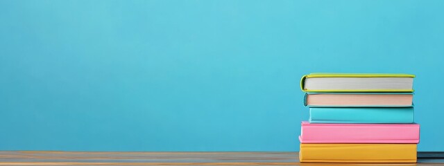 Poster - Stack of colorful books on a wooden table against a blue background.