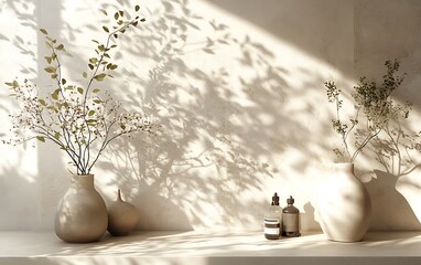 Aufkleber - A serene scene featuring vases with flowers casting soft shadows, enhancing the minimalist aesthetic of a bright, airy space.