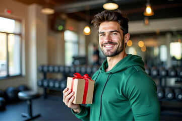 Smiling man in green hoodie holding a gift box at the gym