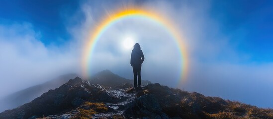 Wall Mural - a lone hiker stands on a mountain peak, silhouetted against a breathtaking halo of light and fog.