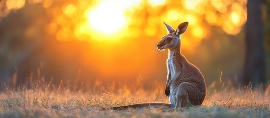 Sticker - A lone kangaroo sits in a field, watching the sunset.