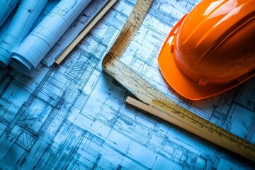Poster - Close-up of an orange hardhat, ruler, and blueprints on a table.