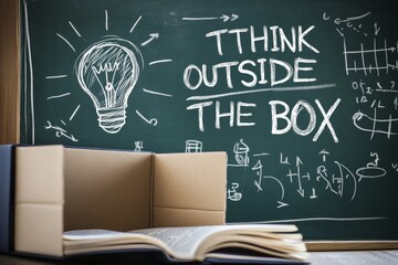 Poster - Open book with a cardboard box in front of a chalkboard with the words 'Think outside the box' written on it, along with an illustration of a lightbulb.