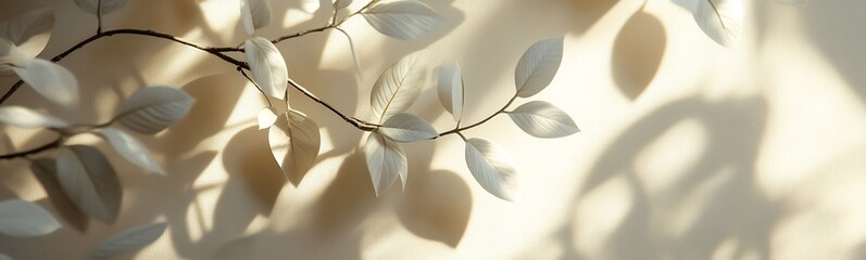 Aufkleber - A delicate branch with light-colored leaves casts soft shadows against a neutral background, creating a serene and tranquil atmosphere.