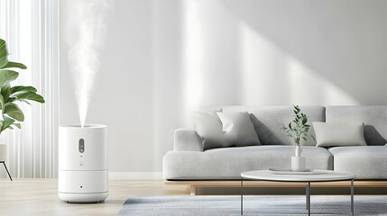 Wall Mural - Modern living room with a humidifier emitting vapor.