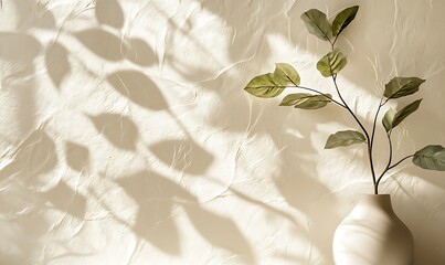 Fototapete - A minimalistic scene featuring a plant in a vase casting soft shadows on a textured wall, creating a serene and calming atmosphere.