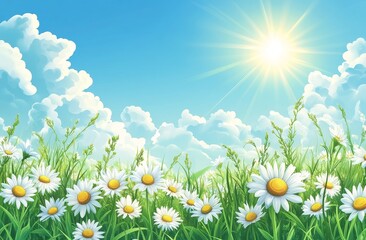 Wall Mural - a field of white daisies with a bright sun in a blue sky with clouds.