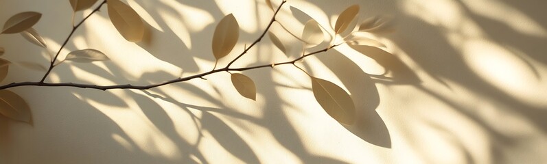 Poster - Soft shadows of a branch with leaves against a light background, creating a tranquil and organic aesthetic.