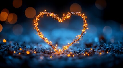 Canvas Print - A heart shape made from string lights in the snow with a blurred background of warm lights.