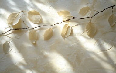 Fototapete - A delicate branch with translucent leaves casts gentle shadows against a soft, textured background, creating a serene and calming atmosphere.