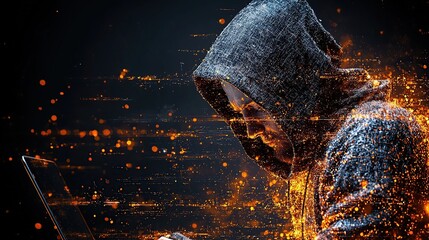 A hooded figure working on a laptop with sparks flying around them.