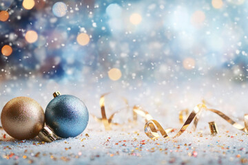 Poster - Christmas balls on snow with bokeh lights in the background.