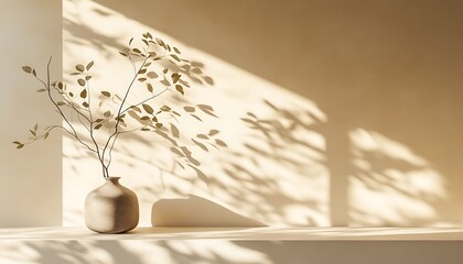Fototapete - A minimalist scene featuring a vase with dried branches casting soft shadows on a warm, neutral wall.