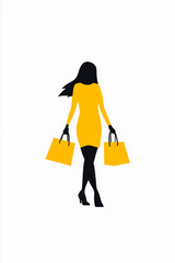 A woman in a yellow dress is holding two shopping bags