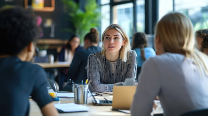 Woman leading a discussion with two colleagues in a bright meeting room.