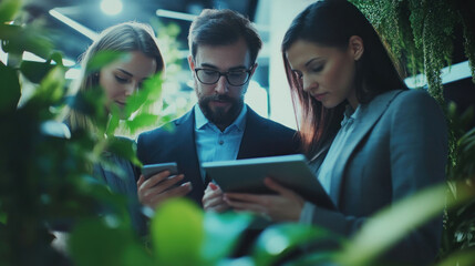 Three people looking at a tablet.