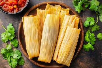 Overhead view of tamales arranged on wooden plate garnished with fresh cilantro and bowl of salsa nearby. Ideal for Mexican cuisine and recipe blogs