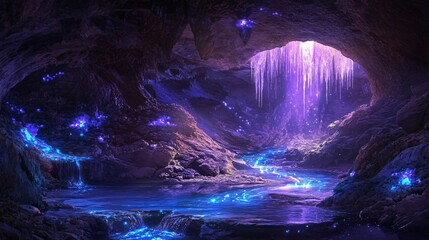Wall Mural - a magical cave with glowing blue water, waterfalls, and purple stalactites.