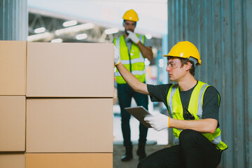 Three warehouse workers using a digital tablet while recording inventory. Logistics employees working with warehouse management software in a large distribution centre.