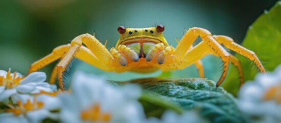 Sticker - A yellow crab spider with prominent red eyes, perched on a green leaf surrounded by white flowers.