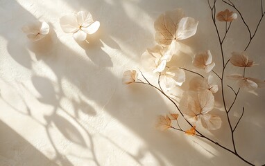 Leinwandbilder - A delicate arrangement of light-colored petals and branches casting soft shadows on a textured background, evoking tranquility and nature's beauty.