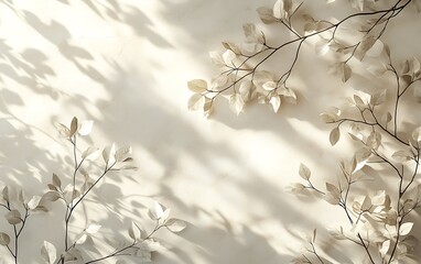 Leinwandbilder - A serene composition of soft shadows cast by delicate branches with leaves against a light wall, evoking tranquility and nature's beauty.