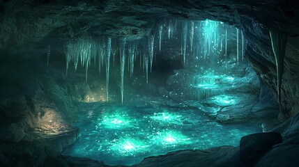 Wall Mural - a magical underground cave with glowing water and icicles.