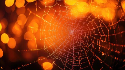 Poster - abstract halloween background featuring close up of cobweb with bokeh circles