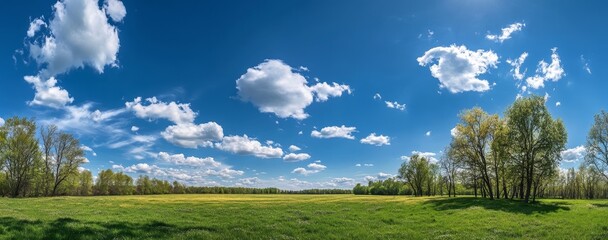 Wall Mural - a vast green meadow with a line of trees on the horizon and a bright blue sky with fluffy white clou