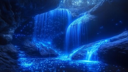 Wall Mural - a magical waterfall cascades through a cave, glowing blue light illuminates the water.
