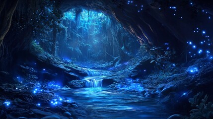 Wall Mural - a magical waterfall in a glowing blue forest.