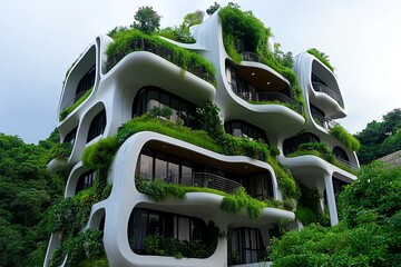 Poster - Person exploring a futuristic eco-friendly city with green spaces and renewable energy sources, representing the future trends in urban development and sustainability