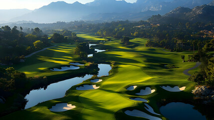 Wall Mural - Scenic golf course nestled in mountains with lush greenery and water.