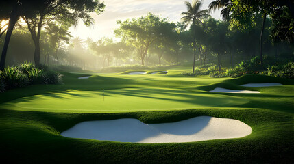 Wall Mural - Scenic golf course with sand traps and lush greenery.