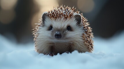 Wall Mural - A cute hedgehog with brown and white fur sits on a snowy background.