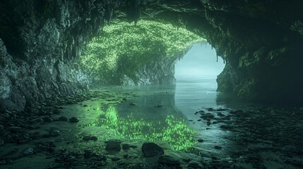 Wall Mural - a mystical cave opening on a beach with a green glow reflecting on the water.